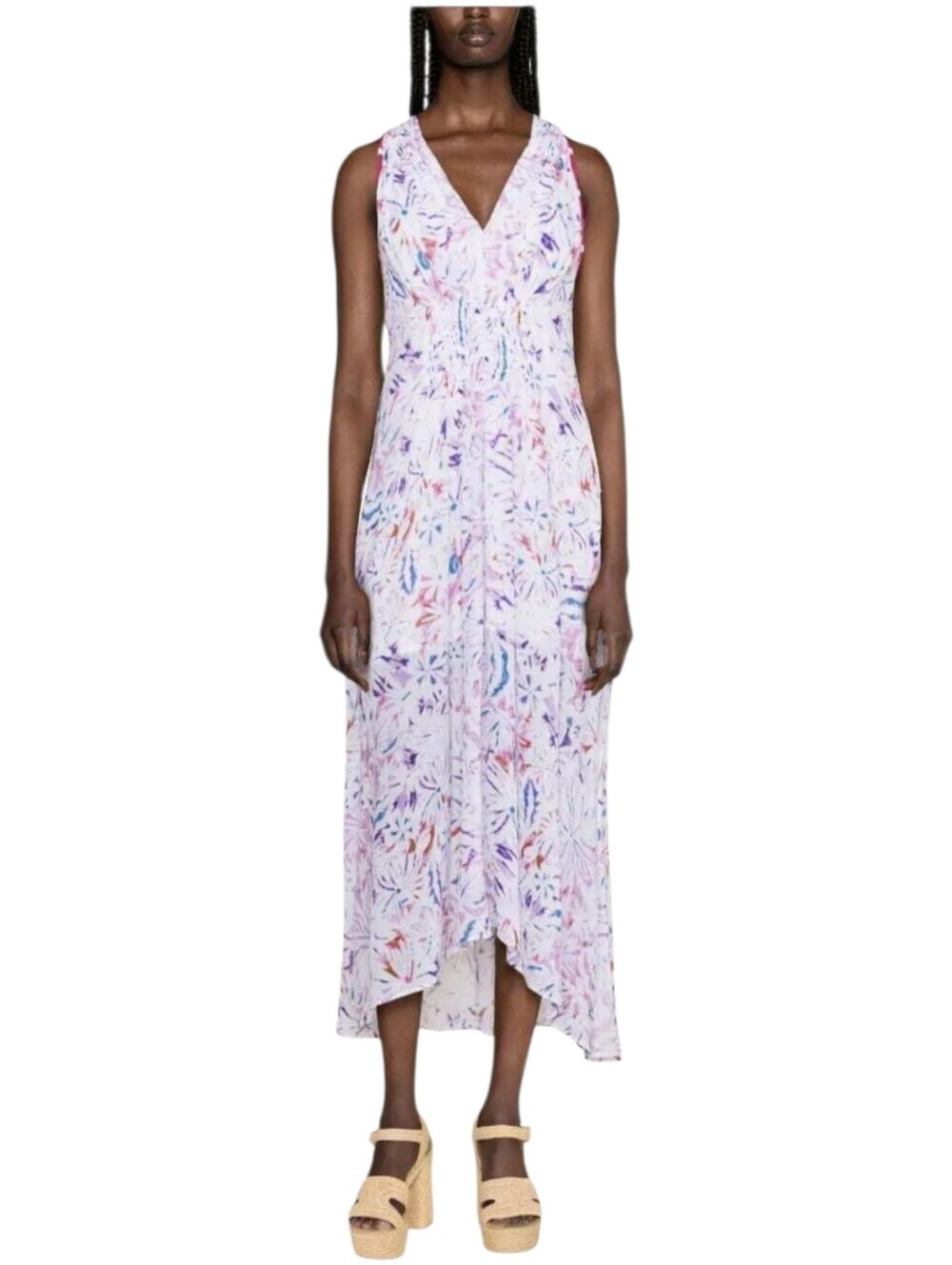 IRO Linen Blend Vneck Watercolor Floral-Print Midi Dress